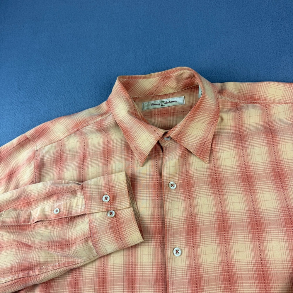 Tommy Bahama Shirt Mens L Orange Plaid Tencel Lyocell Long Sleeve Button Up 5018
